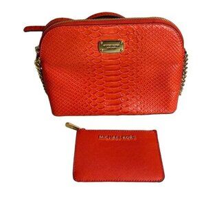 Michael Kors Red Orange Snake‎ Embossed Leather Dome Crossbody Bag With Wallet